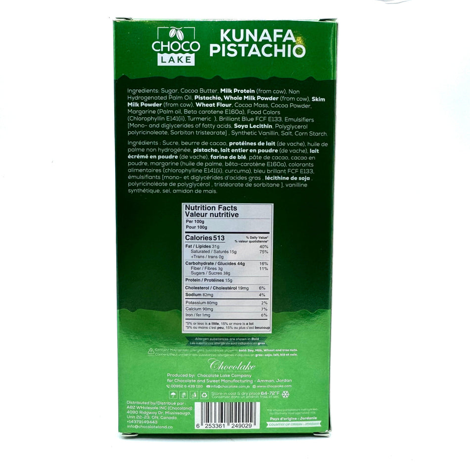Choco Lake Kunafa Pistachio Chocolate Bar -190g Candy Paradise 