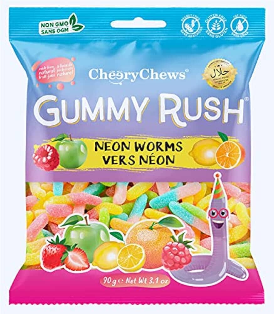 Gummy Rush Neon Worms - 3.1oz Candy Cheery Chews 