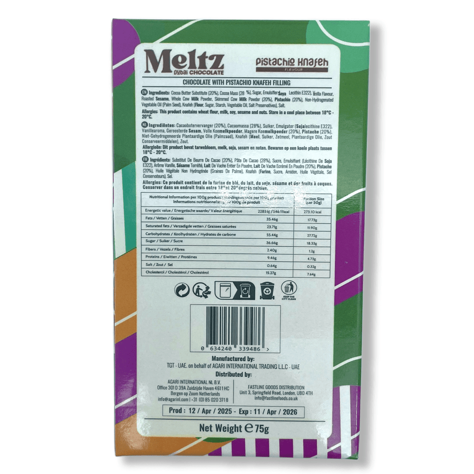 Meltz Dubai Chocolate Pistachio Knafeh - 75g Chocolate Meltz Dubai Chocolate 