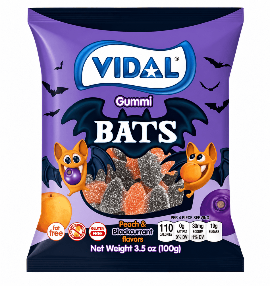 Vidal Gummi Bats Peach & Blackcurrant Halloween Candy - 100g Gummy Candy Vidal Candies Inc. 